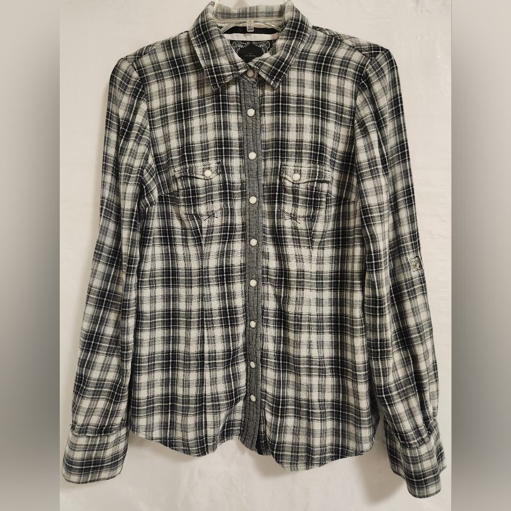 Guess Plaid Pearl Snap Shirt Womens Medium Black & White Western Top